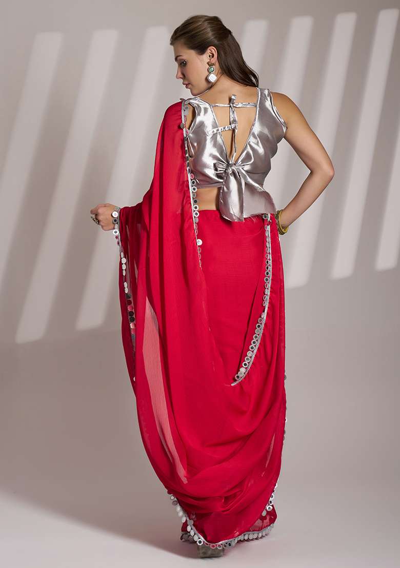 Red Abstract Print Art Silk Saree Set - Indya