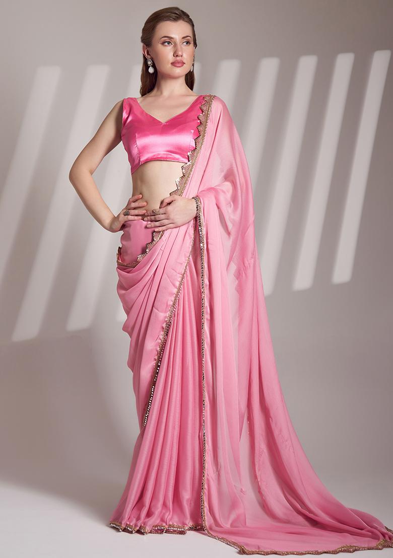 Pink Abstract Print Chiffon Saree Set