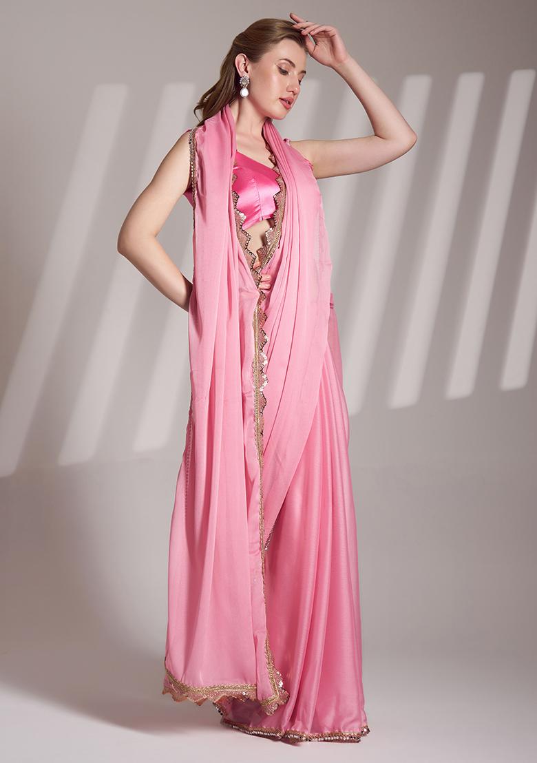 Pink Abstract Print Chiffon Saree Set
