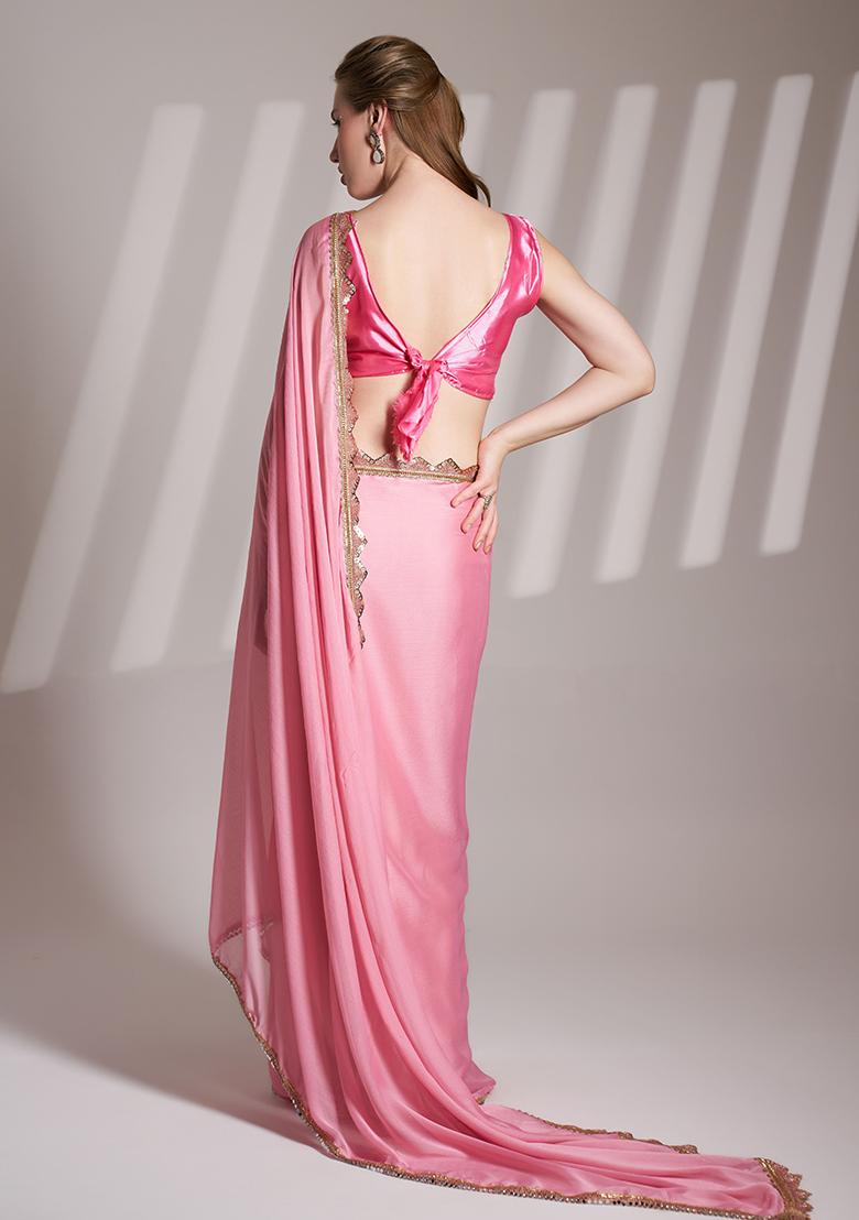 Pink Abstract Print Chiffon Saree Set