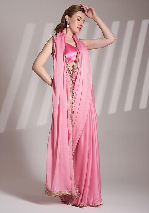 Pink Abstract Print Chiffon Saree Set