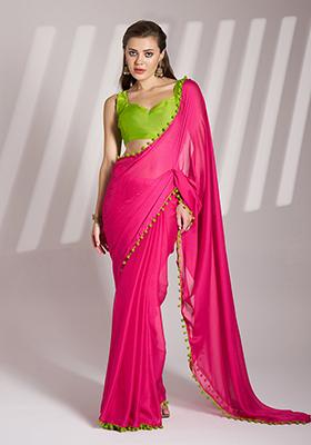 Pink Abstract Print Chiffon Saree Set
