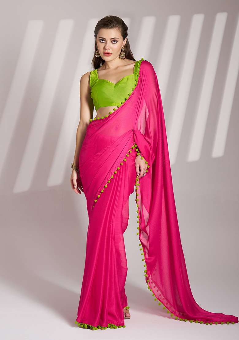 Pink Abstract Print Chiffon Saree Set - Indya