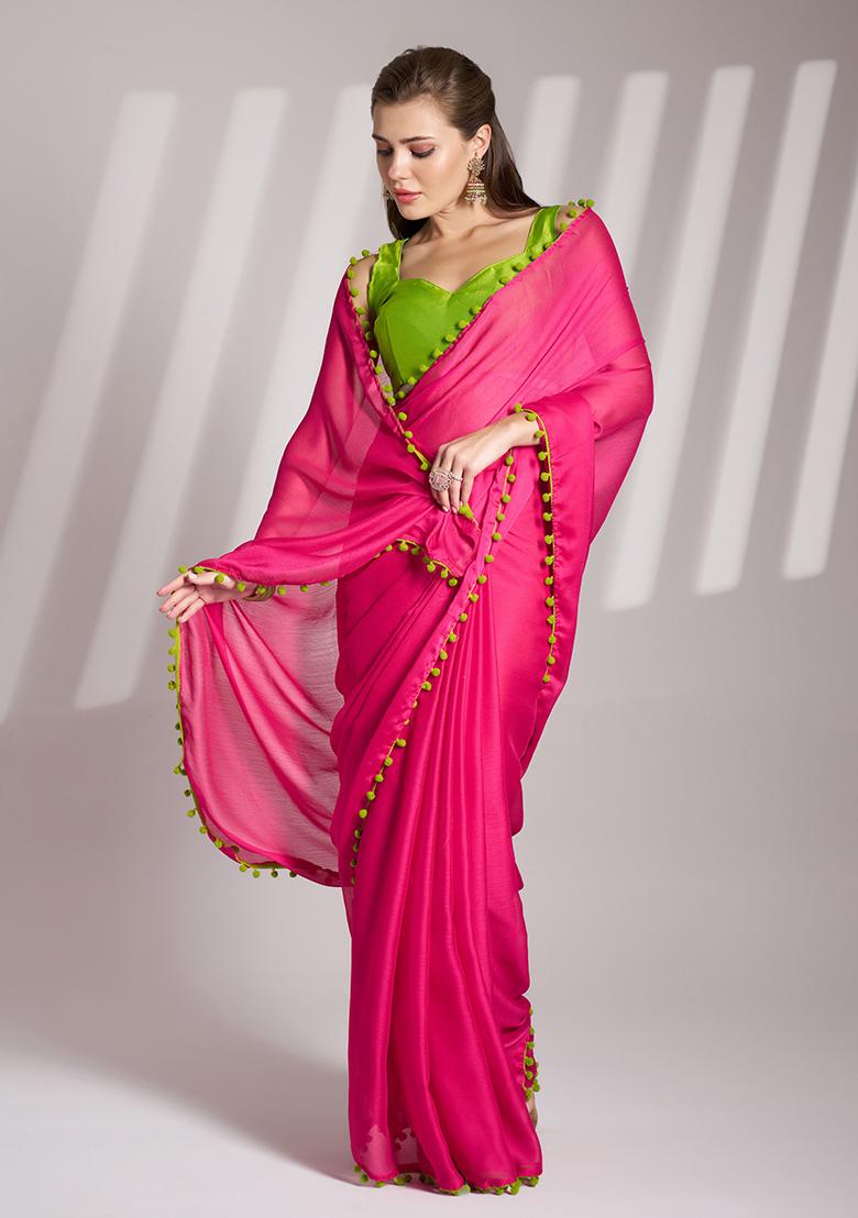 Pink Abstract Print Chiffon Saree Set