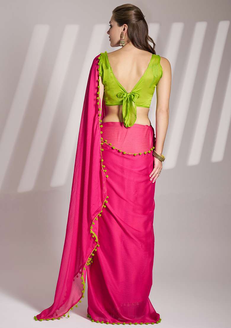 Pink Abstract Print Chiffon Saree Set - Indya