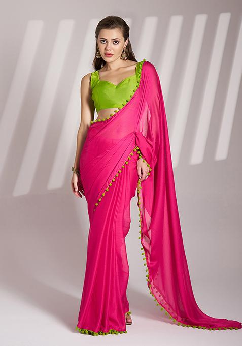 Pink Abstract Print Chiffon Saree Set