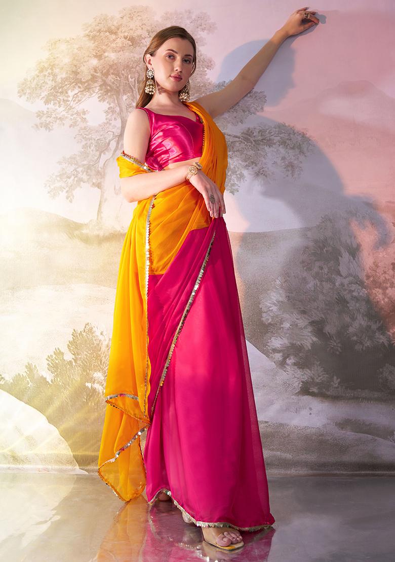 Yellow Abstract Print Chiffon Saree Set