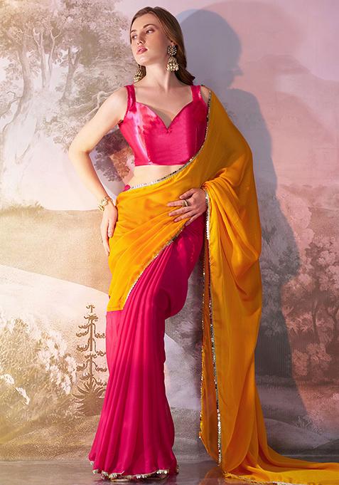 Yellow Abstract Print Chiffon Saree Set