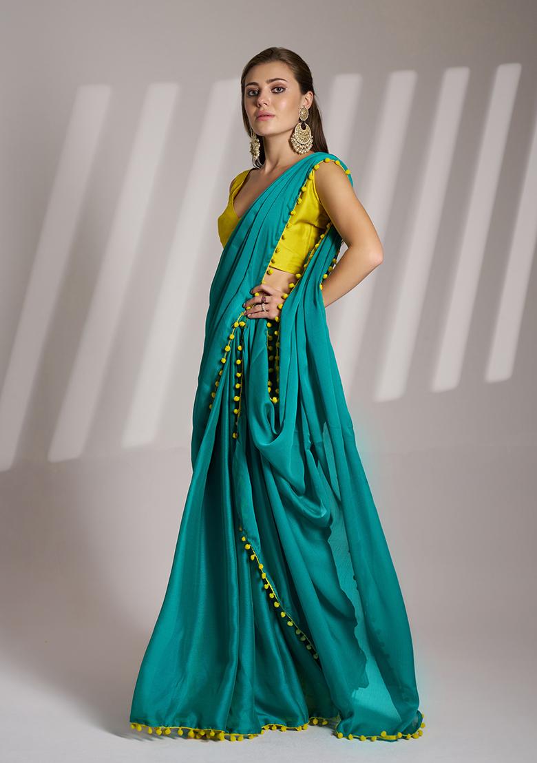 Green Abstract Print Chiffon Saree Set