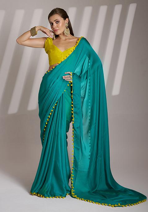 Green Abstract Print Chiffon Saree Set