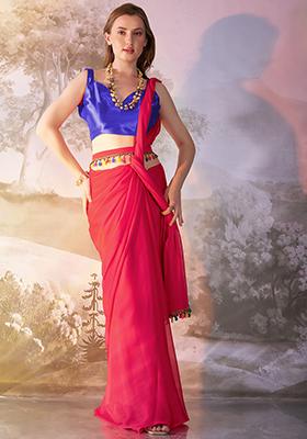 Red Abstract Print Chiffon Saree Set