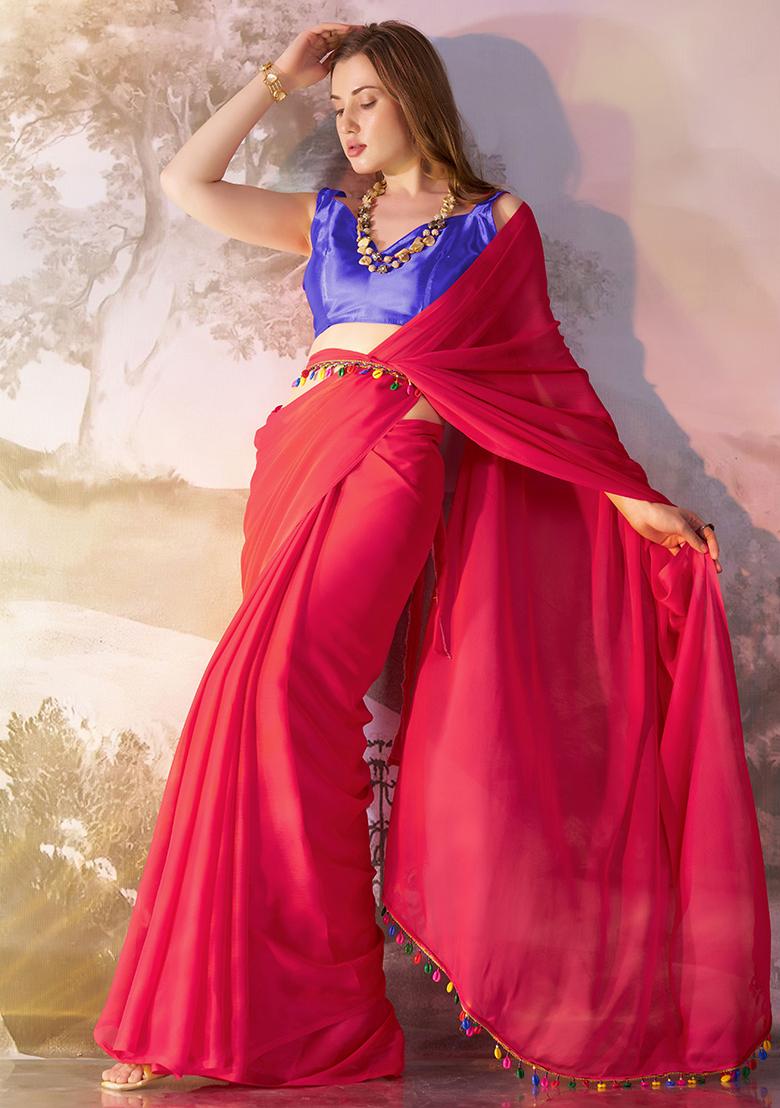 Red Abstract Print Chiffon Saree Set