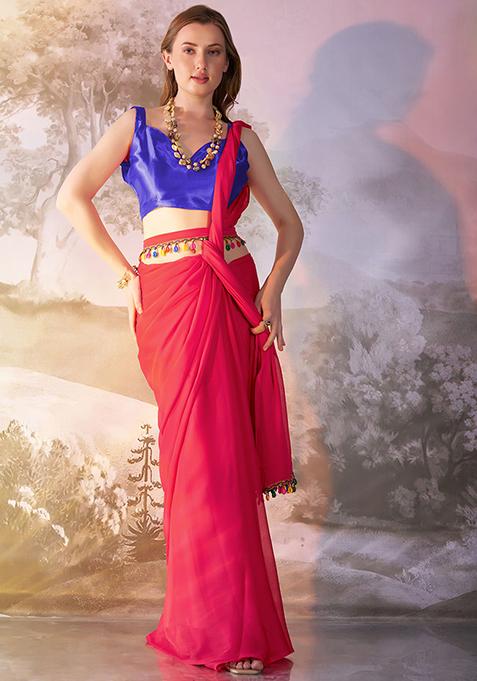 Red Abstract Print Chiffon Saree Set