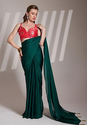 Green Abstract Print Art Silk Saree Set
