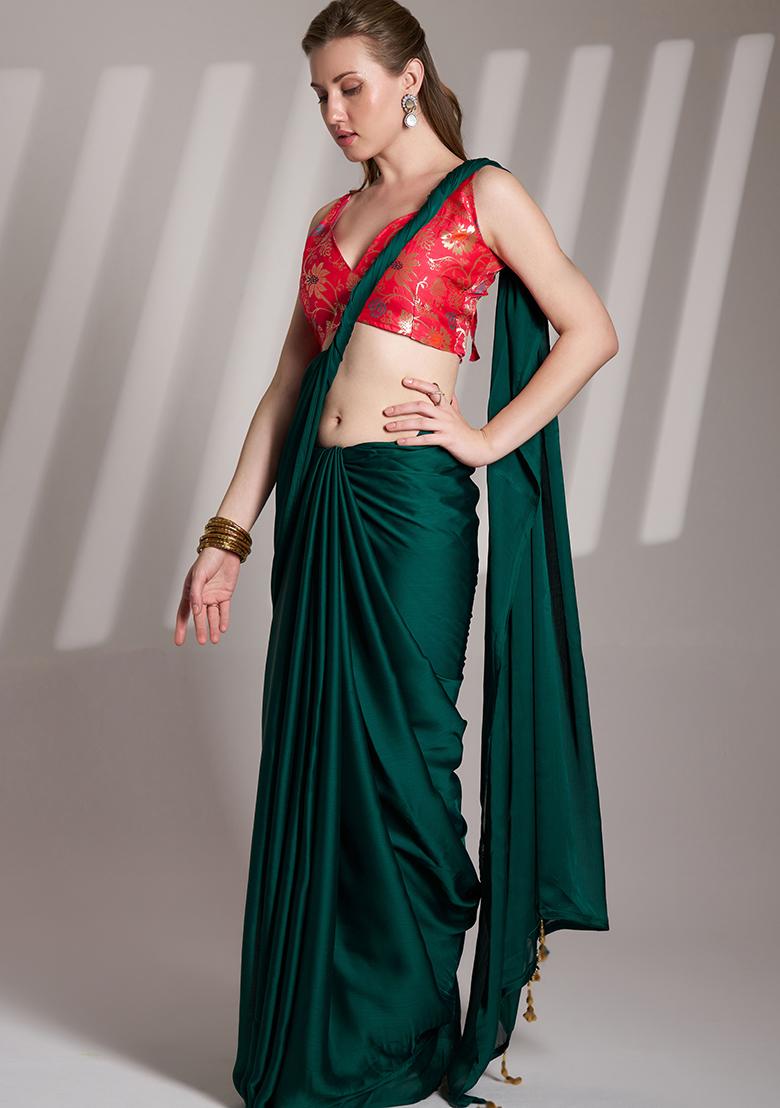 Green Abstract Print Art Silk Saree Set