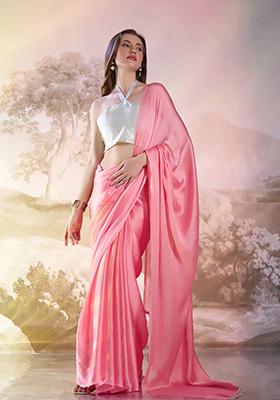 Pink Abstract Print Art Silk Saree Set