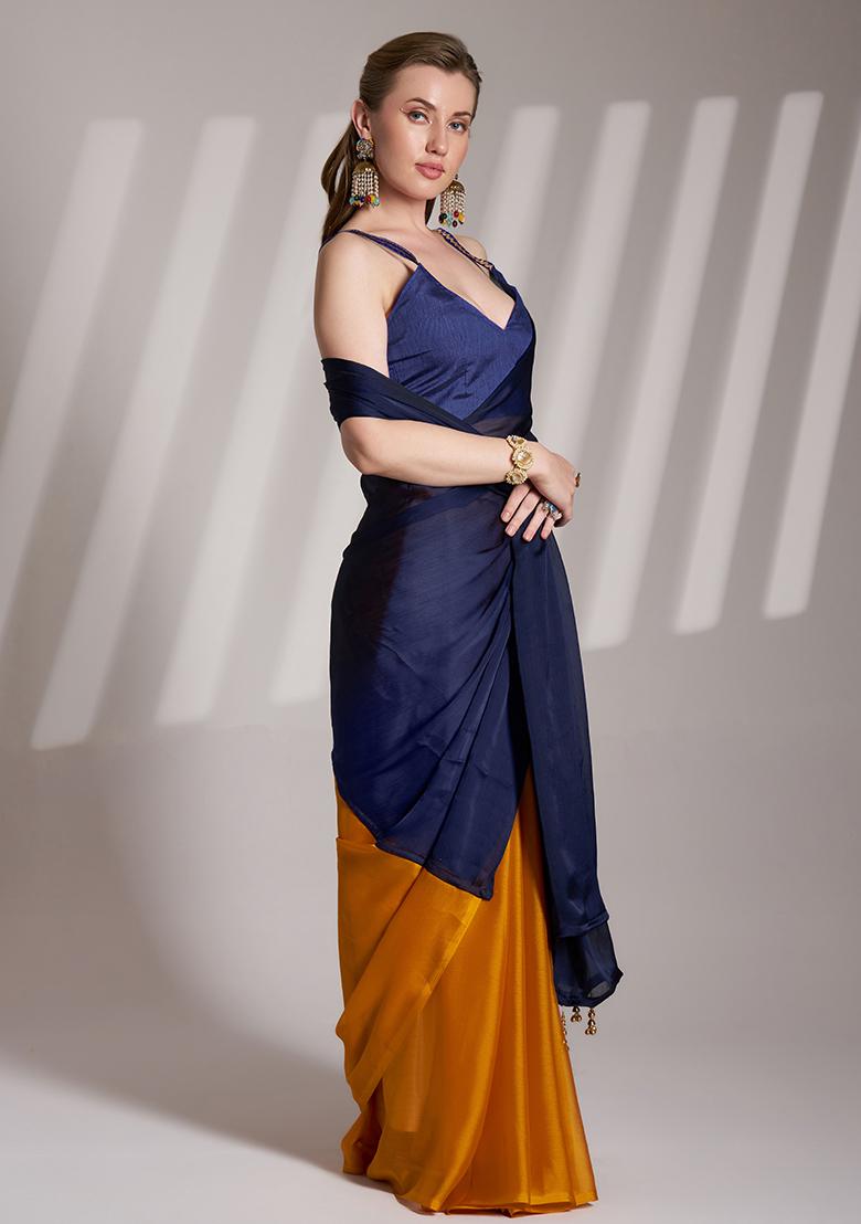 Blue Abstract Print Art Silk Saree Set