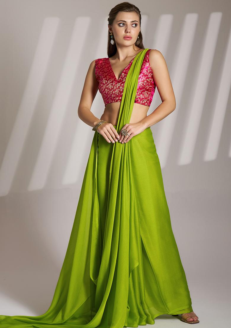 Green Abstract Print Chiffon Saree Set