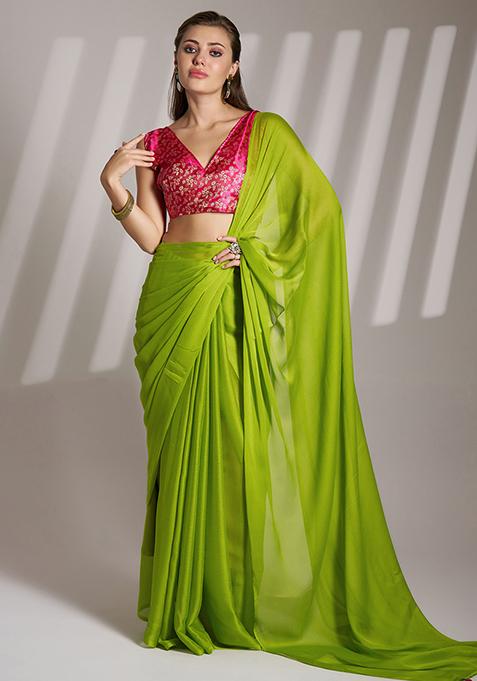 Green Abstract Print Chiffon Saree Set