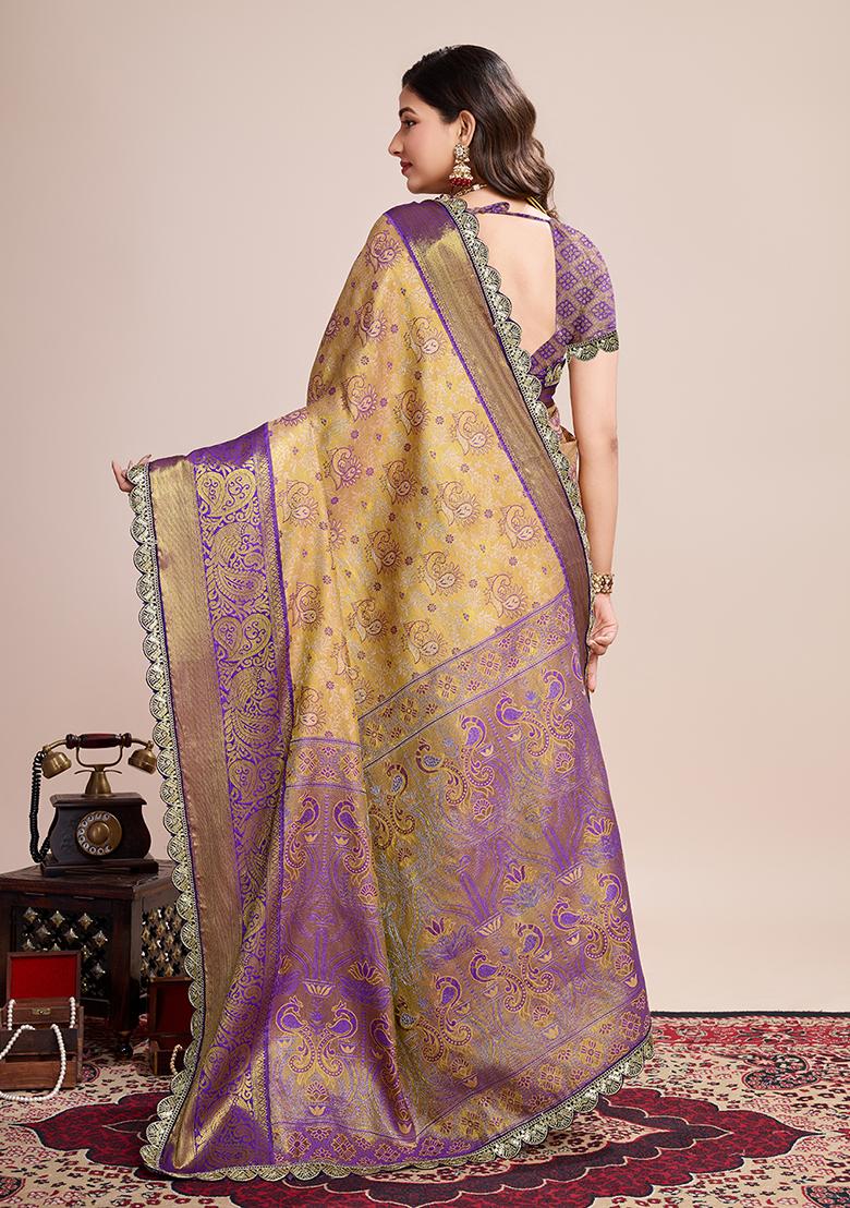 Brown Zari Woven Silk Saree Set