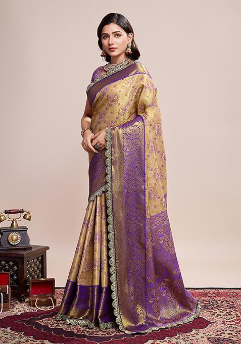 Brown Zari Woven Silk Saree Set