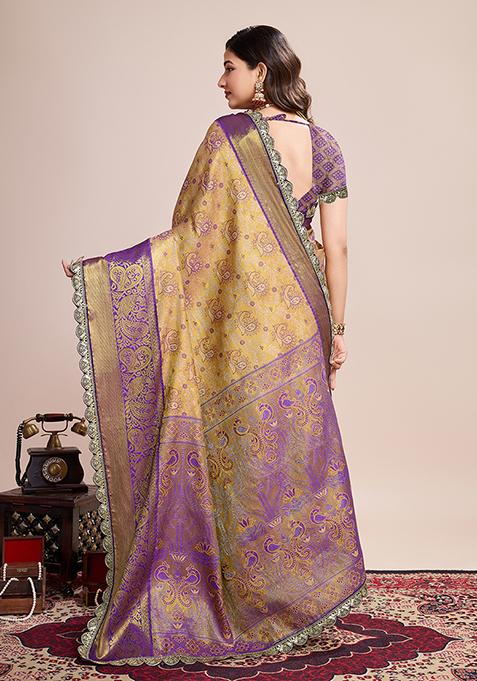 Brown Zari Woven Silk Saree Set