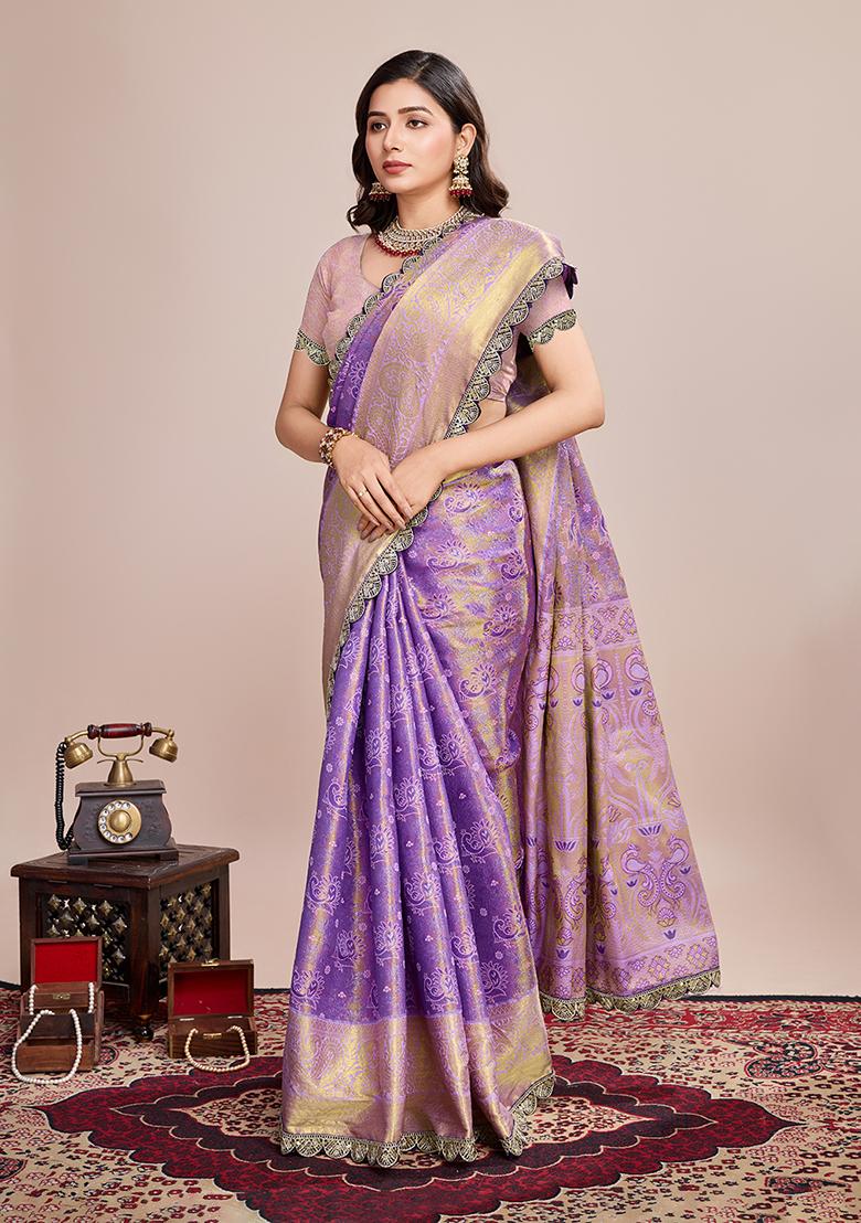 Lavender Zari Woven Silk Saree Set