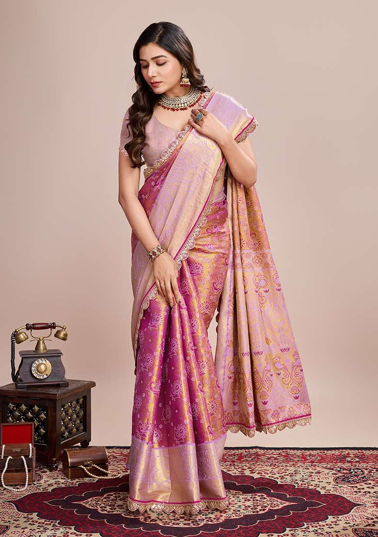 Purple Zari Woven Silk Saree Set for Diwali and Festive Wear - Indya