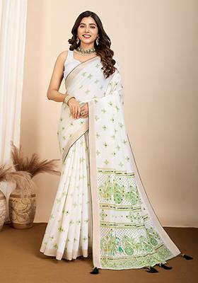 Off White Block Print Cotton Saree Set