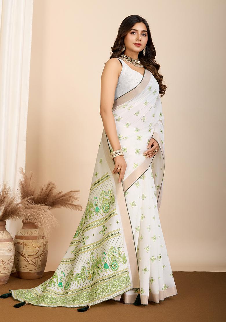 Off White Block Print Cotton Saree Set