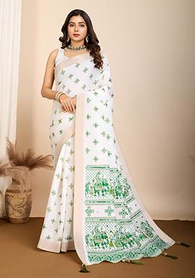 Off White Block Print Cotton Saree Set