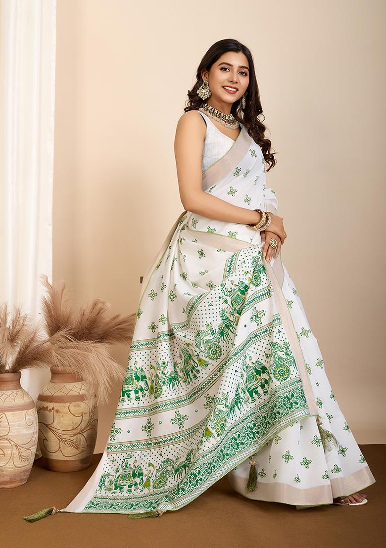 Off White Block Print Cotton Saree Set