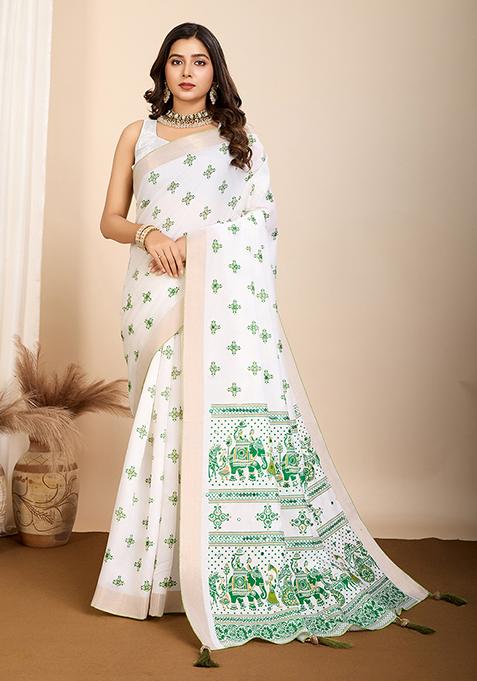 Off White Block Print Cotton Saree Set