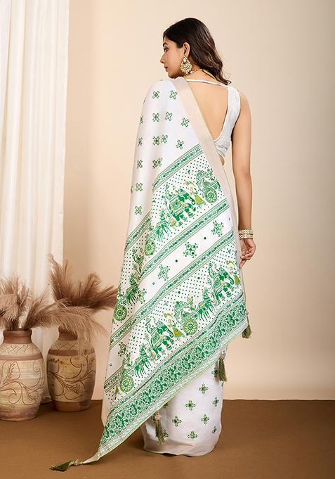 Off White Block Print Cotton Saree Set