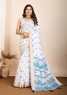 Off White Block Print Cotton Saree Set