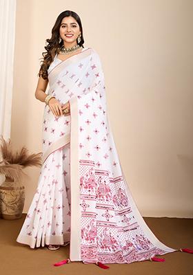 Off White Block Print Cotton Saree Set