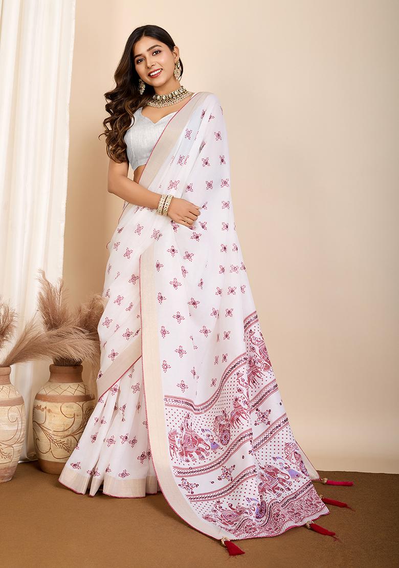Off White Block Print Cotton Saree Set