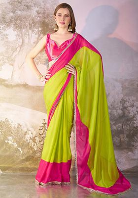 Green Abstract Print Chiffon Saree Set