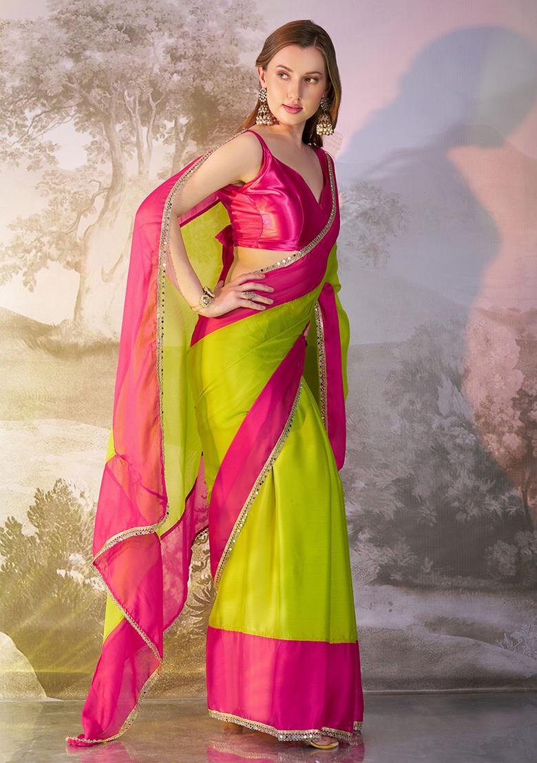 Green Abstract Print Chiffon Saree Set