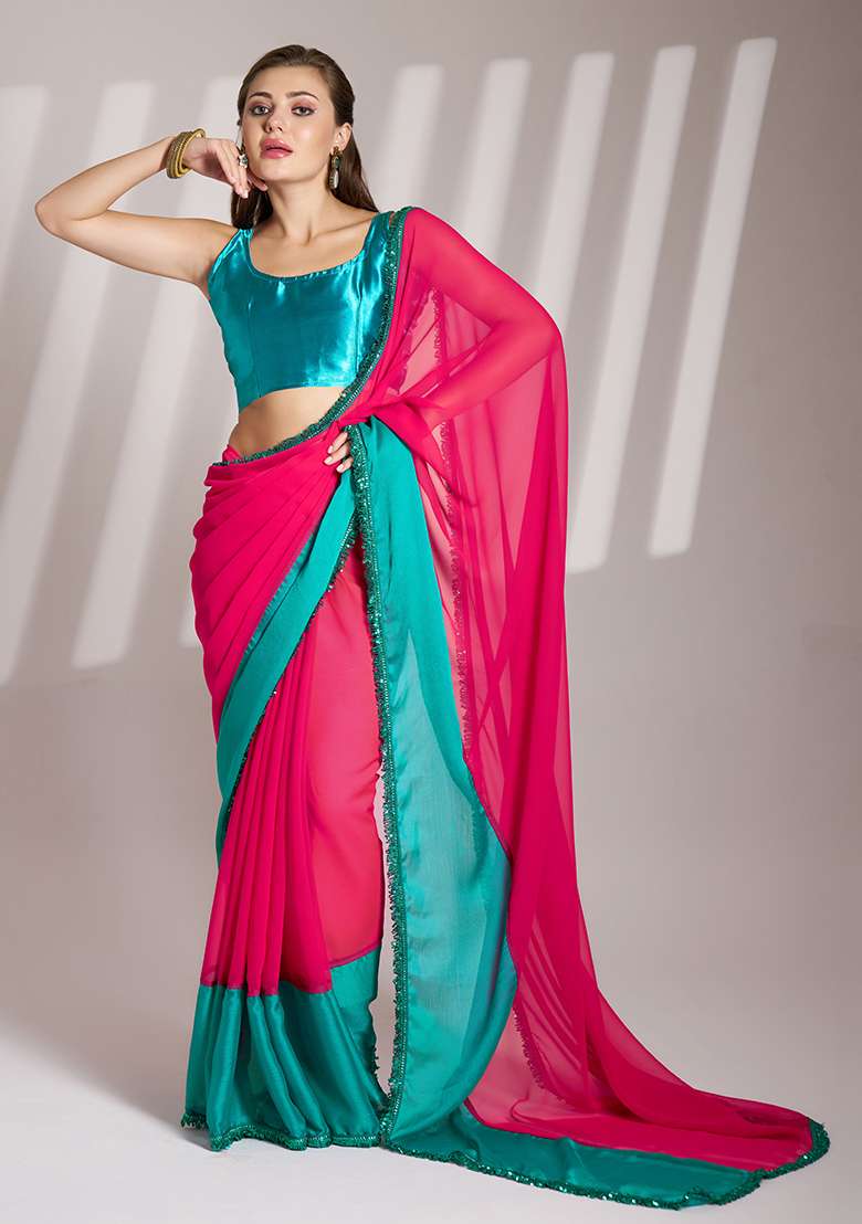 Pink Abstract Print Chiffon Saree Set - Indya