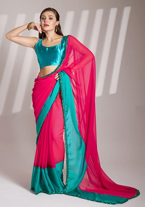 Pink Abstract Print Chiffon Saree Set