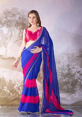 Blue Abstract Print Chiffon Saree Set