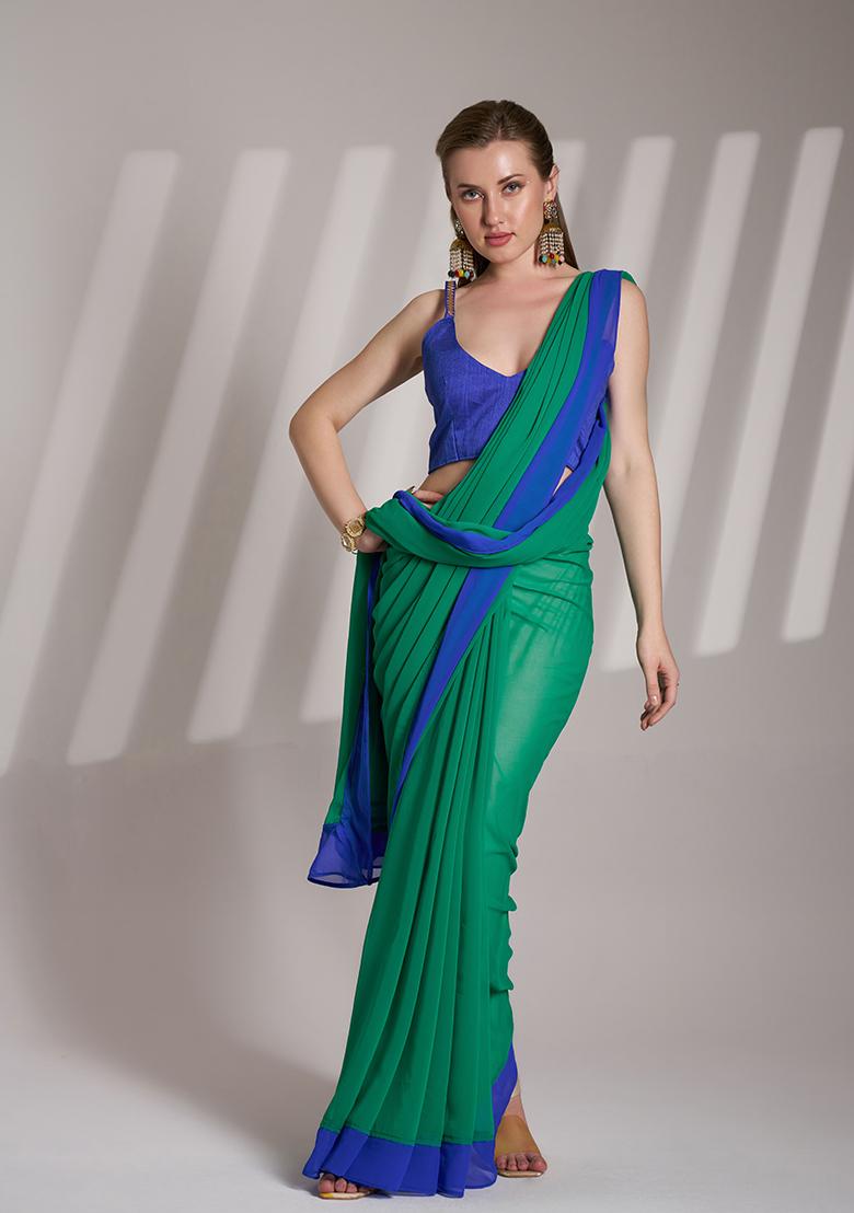 Green Abstract Print Chiffon Saree Set