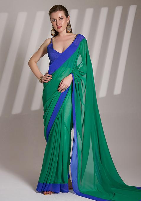 Green Abstract Print Chiffon Saree Set