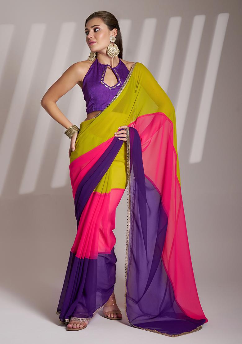 Multicolor Abstract Print Chiffon Saree Set