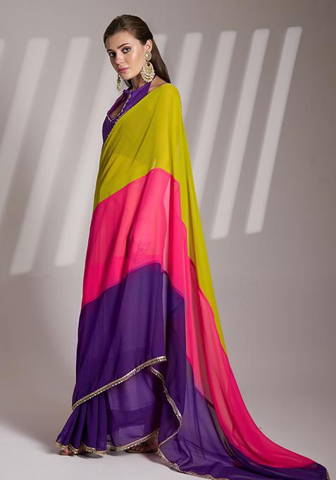 Multicolor Abstract Print Chiffon Saree Set