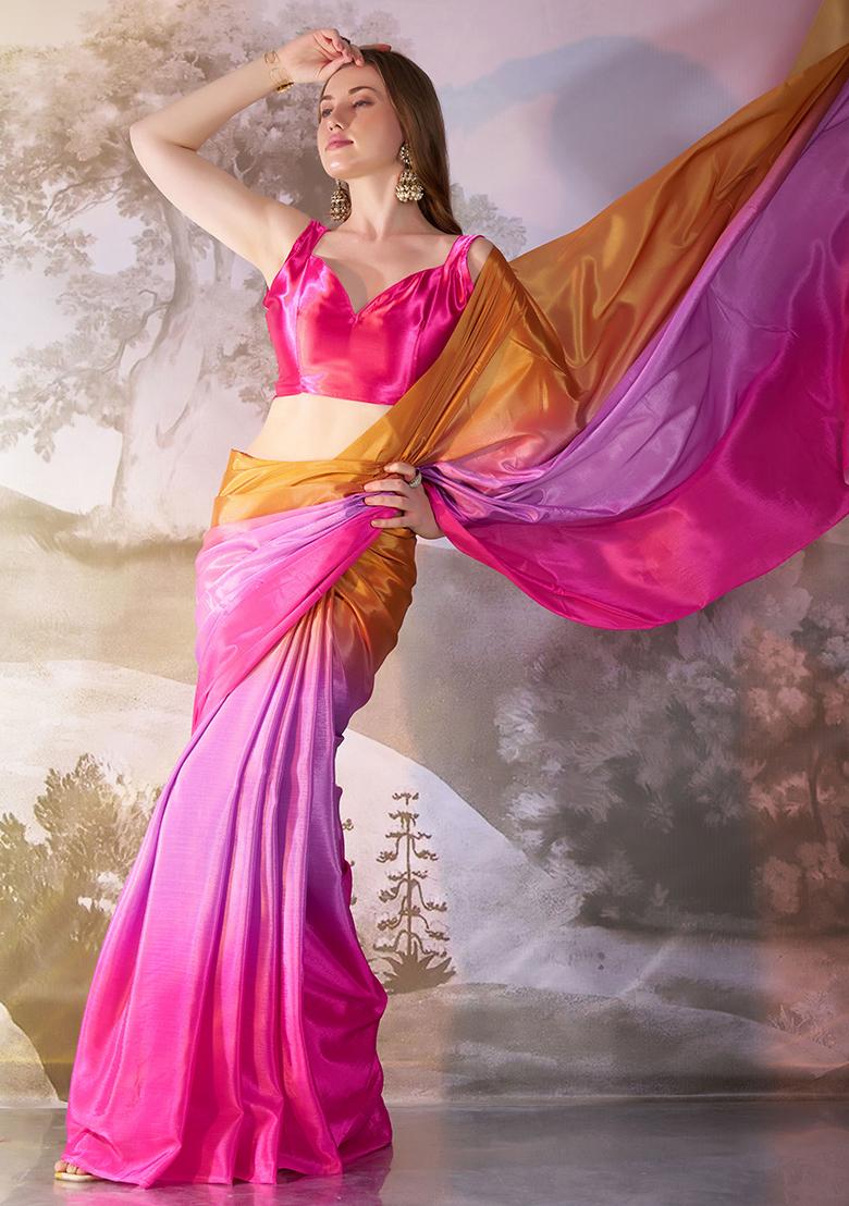 Multicolor Abstract Print Chiffon Saree Set