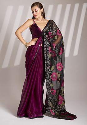 Wine Abstract Print Brasso Saree Set