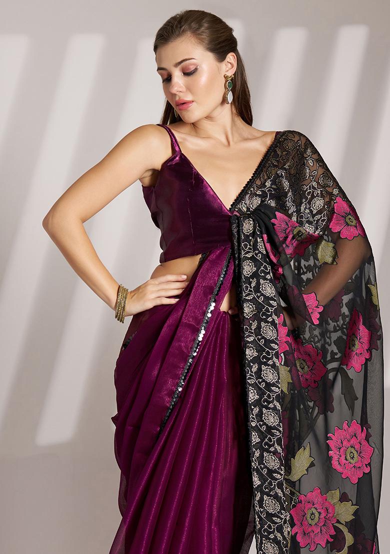 Wine Abstract Print Brasso Saree Set