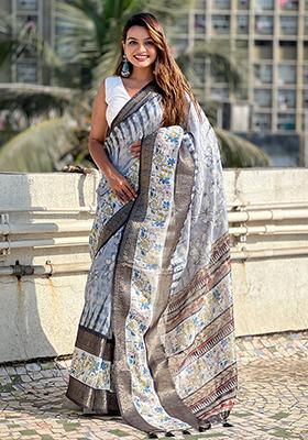 Grey Abstract Print Chanderi Saree Set